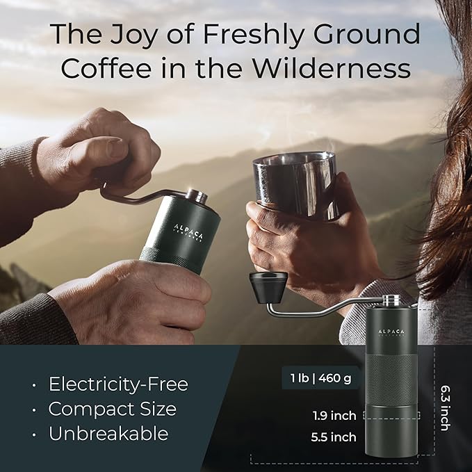Manual Coffee Grinder by Alpaca Ventures - Stainless Steel Conical Burr Coffee Grinder Manual with Adjustable Setting Double Bearing Hand Espresso Grinder Perfect for Home, Office and Camping