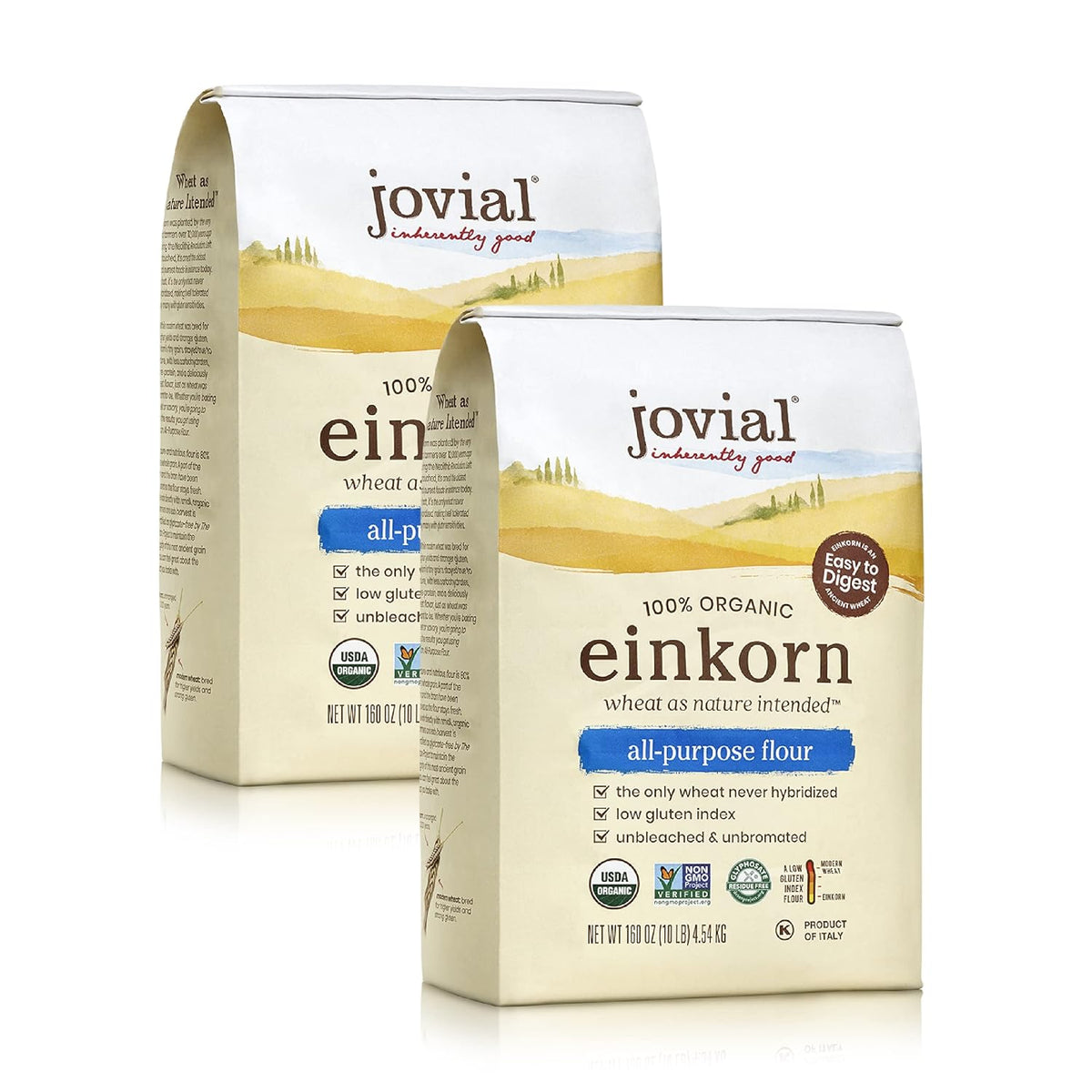 Jovial Organic Einkorn Unbleached All Purpose Flour - For Sourdough Bread Baking, High Protein, Non-GMO, Organic Pizza & Pasta Flour, European Italian, Glyphosate Free - 10 Lb, 2 Pack