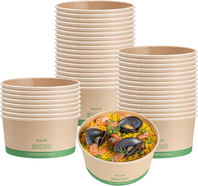 Restaurantware Paper Food Containers 200 Pack Of 44 oz Disposable Round Kraft Salad Bowls Sustainable Stackable Greaseproof Meal Prep Take Out Containers For Ice Creams, Soups, Snacks And Desserts