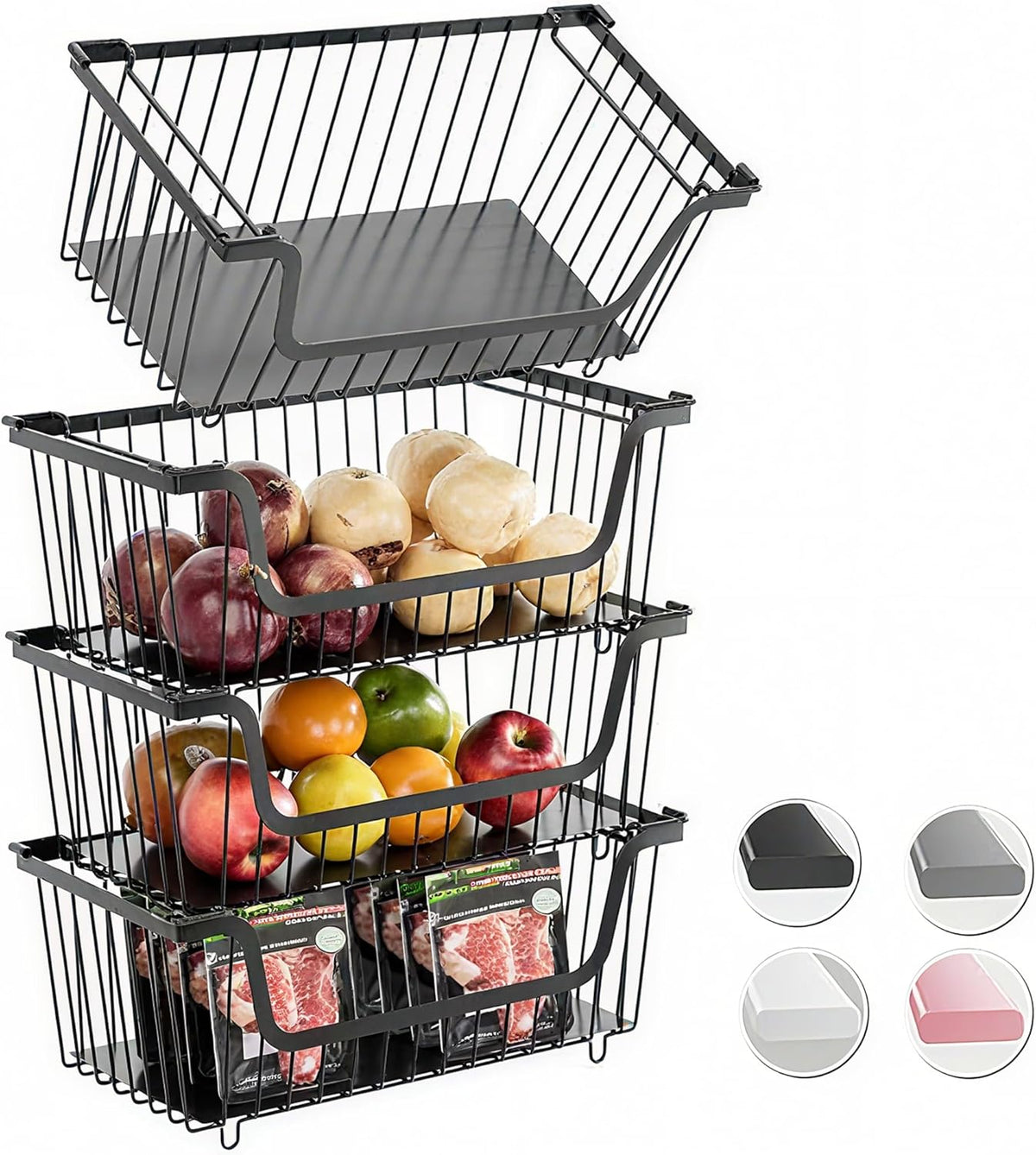 4 Pcs Stackable Wire Baskets for Pantry Organizers and Storage,Vegetable Fruit Basket for Countertop,Kitchen Storage Metal Baskets,Produce Potato Onion Storage Bin,Black