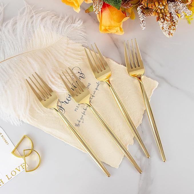 U-QE 60Pcs Gold Plastic Forks - Heavy Duty Plastic Forks Disposable - 7.6 Inch Gold Disposable Forks - Luxurious Plastic Silverware Perfect for Parties, Weddings and Other Daily Events