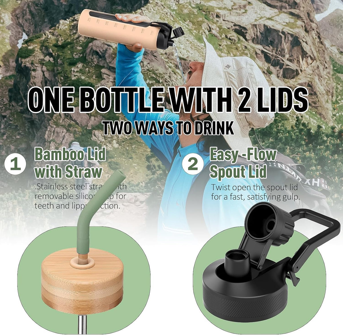 Glass Water Bottle with Straw, 24oz Glass Drinking Bottle with 2 Lids-Bamboo and Spout Lid with Phone Holder Handle for Gym Sports,with Silicone Sleeve and Time Marker,Olive