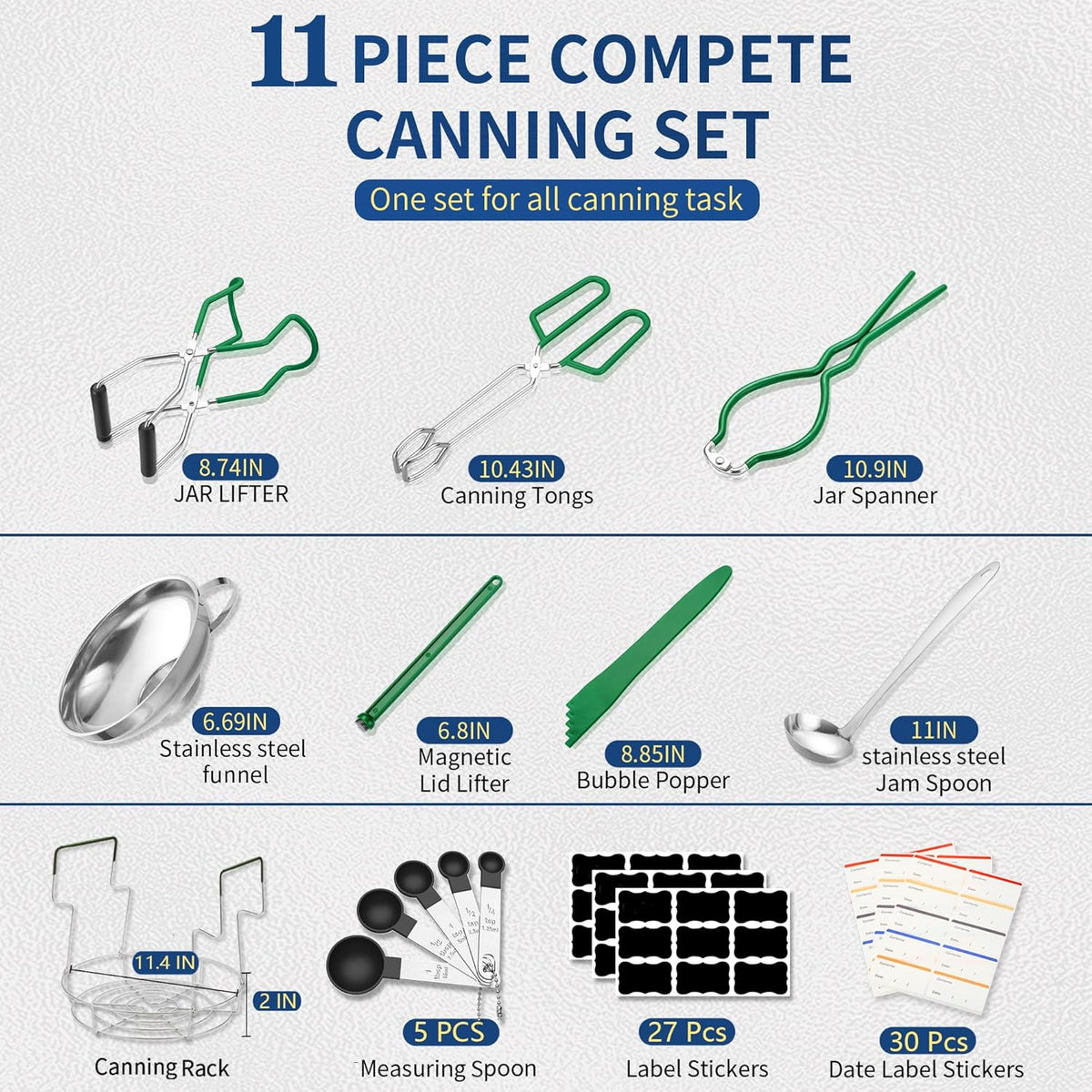 Canning Supplies Starter Kit,Canning Kit for Beginners of 11 with Rack, Jar Lifter，Funnel,Wrench,Tongs,Lid Lifter,Bubble Popper,Labels,ladle,Measuring Spoon-Deep Green