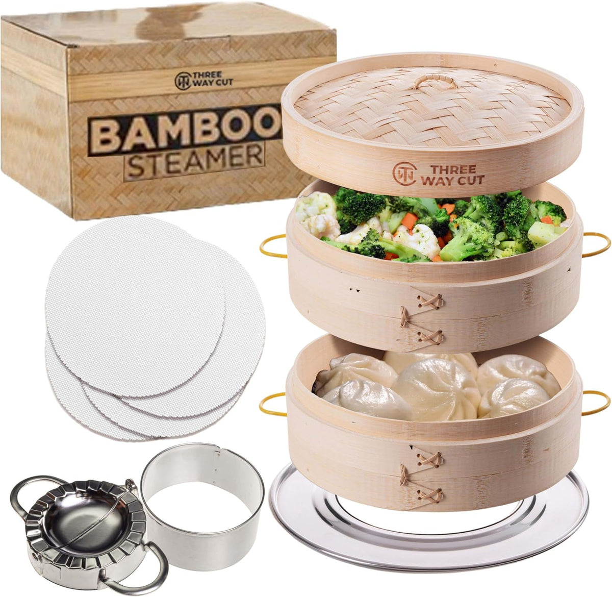 2 Tier Bamboo Steamer- 10" Baskets With Handle, Silicone Liner, Adapter, Molder Press For Cooking Vegetables Dumpling Press & Dough Cutter for Steaming Chinese Asian Food & Bao Bun, Dim Sum Potsticker
