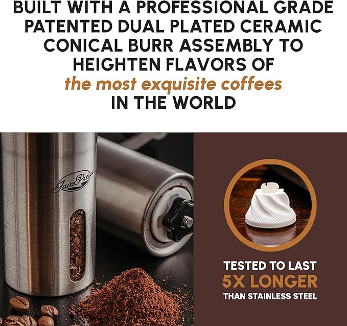 JavaPresse Manual Stainless Steel Coffee Grinder - 18 Adjustable Settings, Portable Conical Burr Grinder for Camping, Travel, Espresso - With Hand Crank