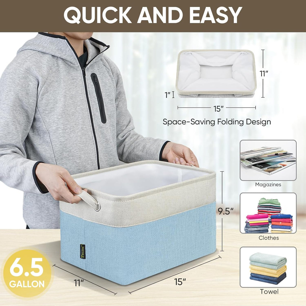 BALEINE 3 Pack Fabric Storage Bins for Shelves, Linen Storage Baskets for Organizing, Decorative Closet Bins for Clothes, Home (Skyblue, 15''x11''x9.5'')