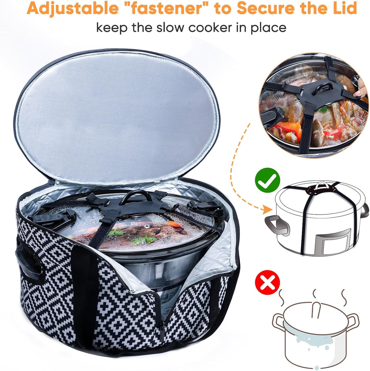 BAGSPRITE Double-layer Slow Cooker Carrying Case Compatible with 6-8 Quart Crockpot Carrier for Hot Food and Hamlton Beach Slow Cooker Tote with Lid Fastener for Crock-pot Dust Cover Applicances
