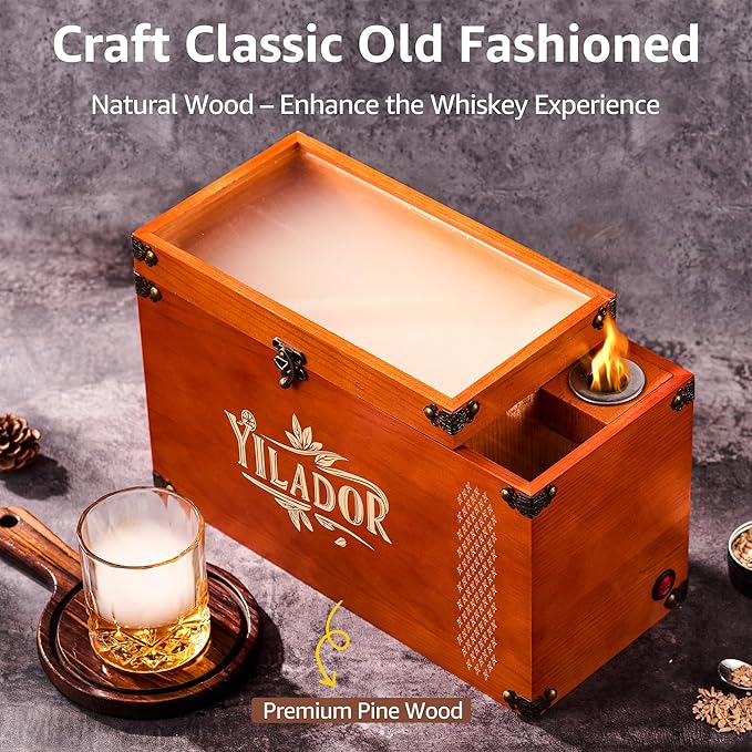 Old Fashioned Smoker Kit – Premium Wooden Gift Box for Whiskey & Cocktails, Electric Fan-Powered 2-in-1 Drink & Food Smoker, Bourbon Whiskey Gift for Men, Complete Set (Smoking Gun Not Required)