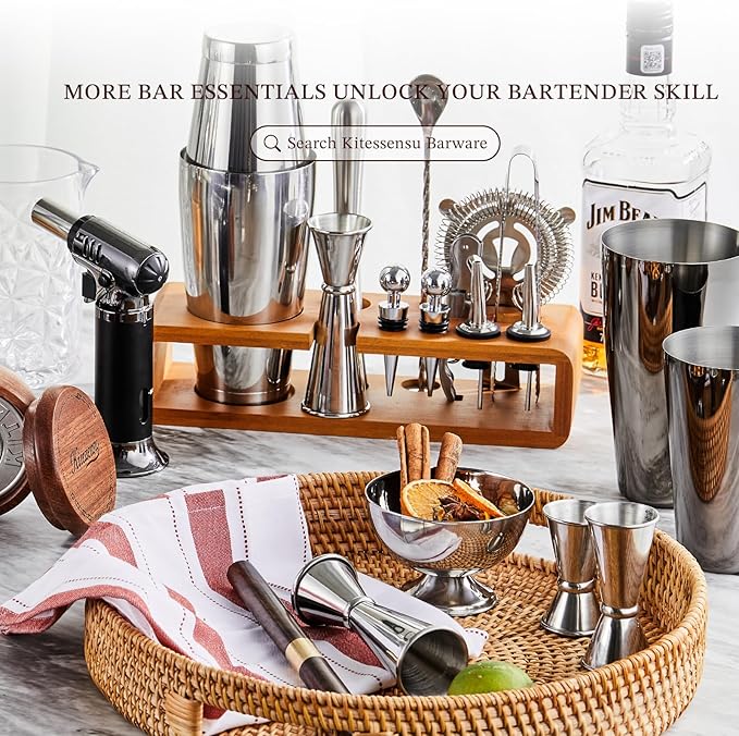 KITESSENSU Cocktail Shaker Set Bartender Kit with Stand - Drink Mixer Bar Set with All Essential Bar Accessory Tools - Martini Shaker Jigger Strainer Mixer Spoon Muddler Liquor Pourers - Rose Gold