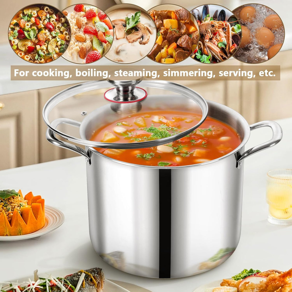 P&P CHEF 12 Quart Tri-Ply Stainless Steel Stockpot, Stock Pot with Visible Lid for Soup Pasta Vegetable, Induction Cooking Pot for All Stoves, Sturdy & Double Handle, Dishwasher Safe
