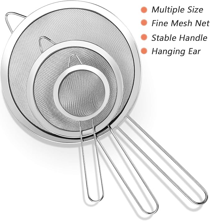 3Pcs Super Wire Extra Fine Mesh Strainer with Handle, Small Medium Large Size Sifter Metal Strainer Set, Stainless Steel Sieve Fine Mesh Strainers for Kitchen Rice Juice Quinoa Food Flour Baking YLYL