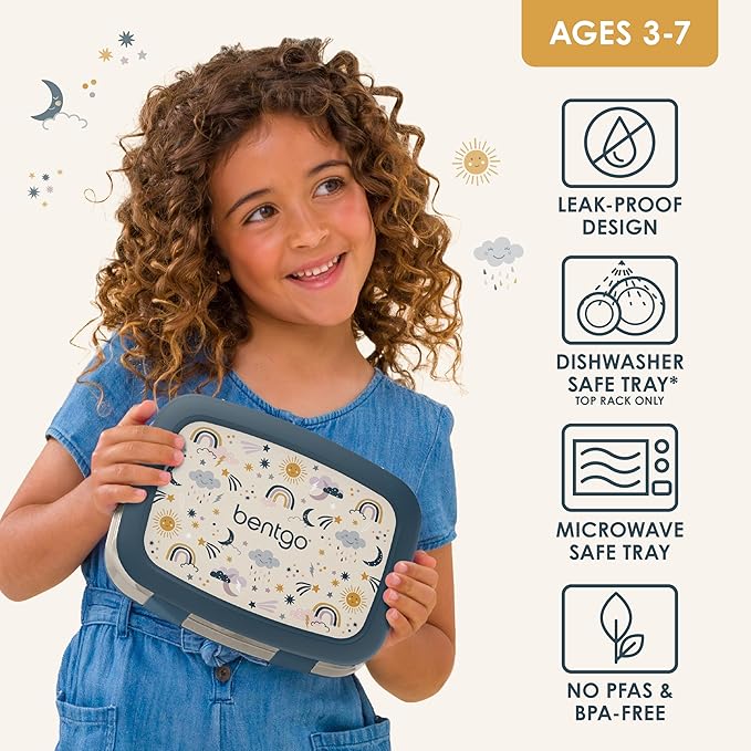 Bentgo Kids Prints Leak-Proof, 5-Compartment Bento-Style Kids Lunch Box - Ideal Portion Sizes for Ages 3-7, Durable, Drop-Proof, Dishwasher Safe, & PFAS & BPA-Free Materials (Friendly Skies)