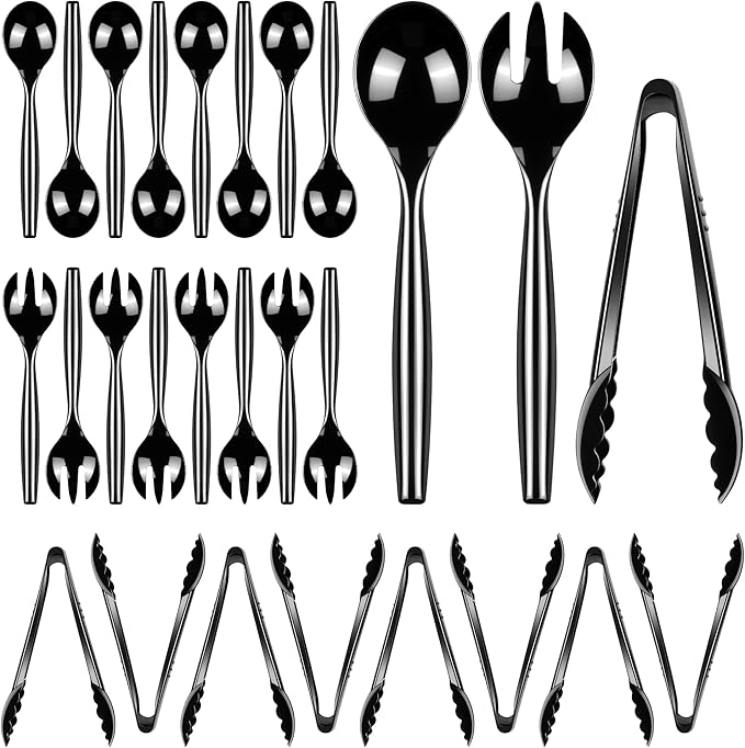 Dualshine 24 Pcs Disposable Black Plastic Serving Utensils,8 Set Including 9.72" Plastic Serving Spoons, Forks and 8.46" Tongs, for Dinner Parties, Buffets,Banquets, Events, Weddings, and Daily Use