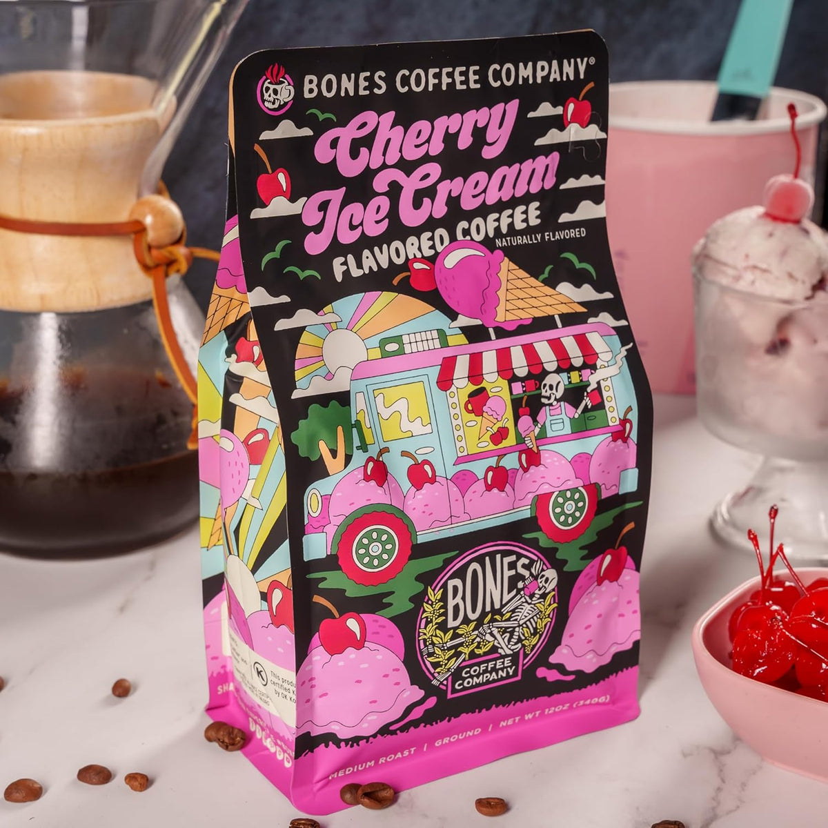 Bones Coffee Company Cherry Ice Cream Flavored Coffee, Medium Roast Low Acid Arabica Beans Compatible with Auto drip and French Press Coffee Maker, 12 Oz Ground
