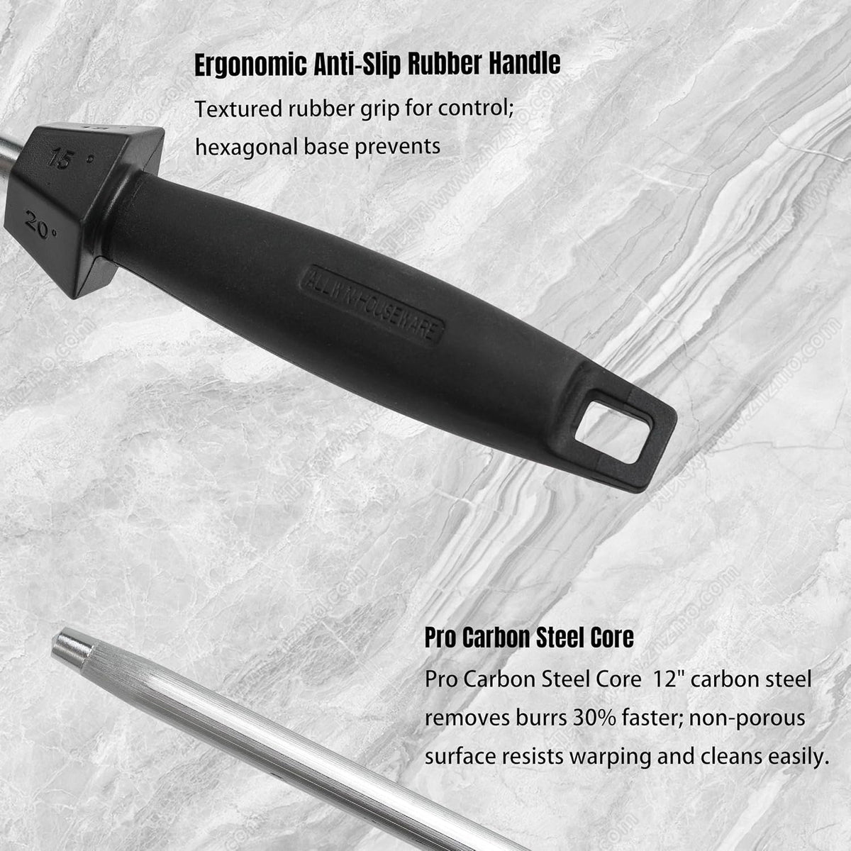 Knife Sharpener Knife Sharpening Rod Honing Steel with 15°-18°-20°Angle Guides Professional Carbon Steel with Black Rubber Grip for Kitchen Chef House Gift 10''