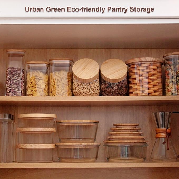 Urban Green Glass Food Container with Bamboo Lid, Airtight food storage Containers set, Glass Meal Prep Containers Set of 5, Dishwasher & Oven Safe