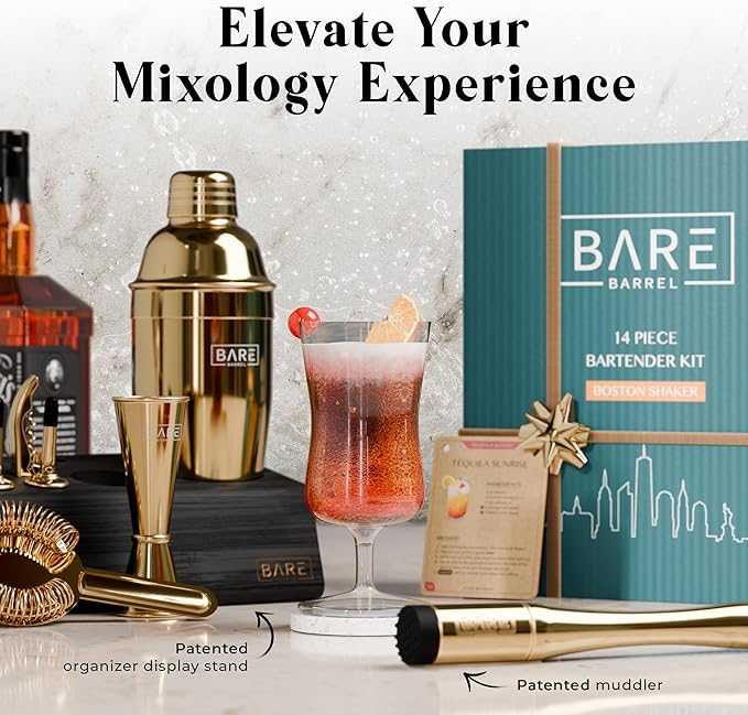 BARE BARREL® Mixology Bartender Kit Bar Set | 14-Piece Cocktail Shaker Set | Martini Barware Mixing Tools for Home Bartending | Incl. 35 Recipe Cards | Gift Set (24oz Cobbler Shaker, Gold/Black)