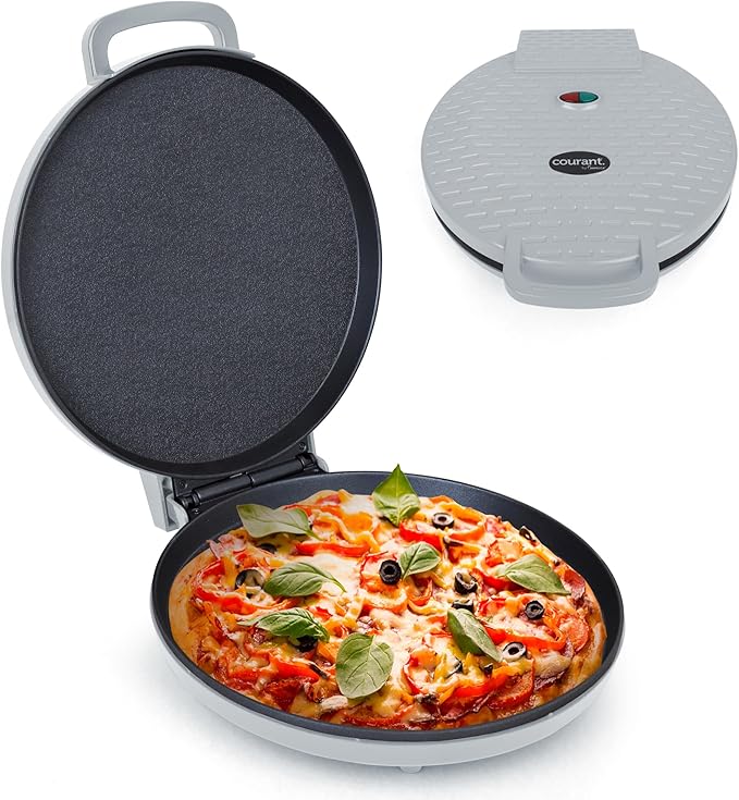 Courant Pizza Maker 12-inch Pizzas Machine, Newly improved Cool-touch Handle Non-Stick plates Pizza oven & Calzone Maker, Electric Countertop Oven for Home or School, 12” Indoor Grill/Griddle, Gray