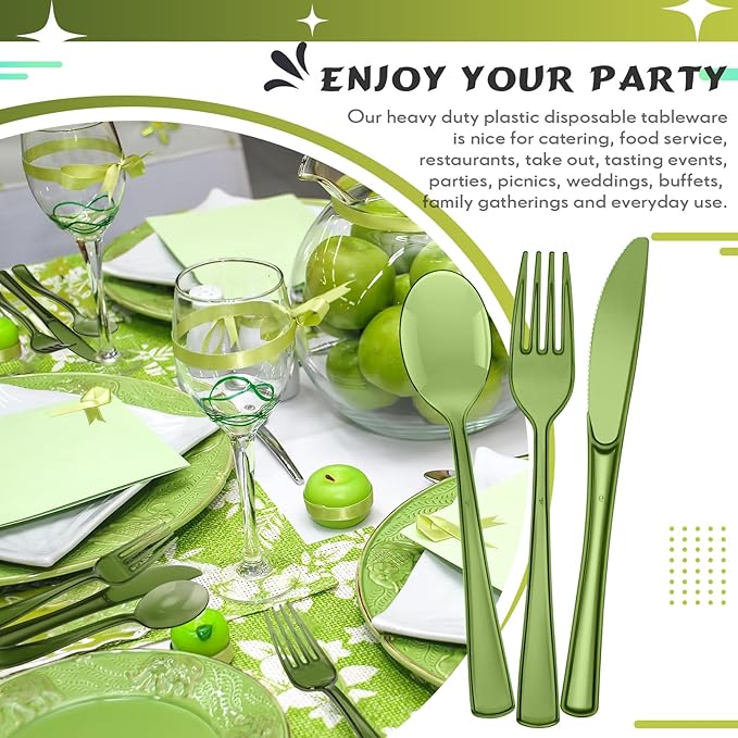 Minatee 150 Pieces Disposable Cutlery Set Plastic Silverware Heavy Duty Utensil Sets 50 Forks 50 Knives 50 Spoons for Home Office School Party Picnics Restaurant Outdoor Events(Olive Green)