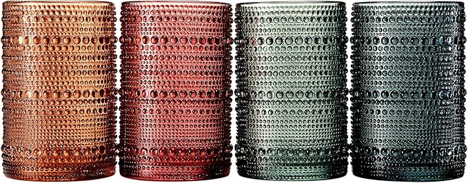 Khen Hobnail Beaded Highball Drinking Tumbler Glasses | Set of 4 | Color, Vintage Bubble Design Whiskey Glassware, Old-Fashioned, Embossed Design for Water, Wine, Cocktail Embossed, Rocks Glass