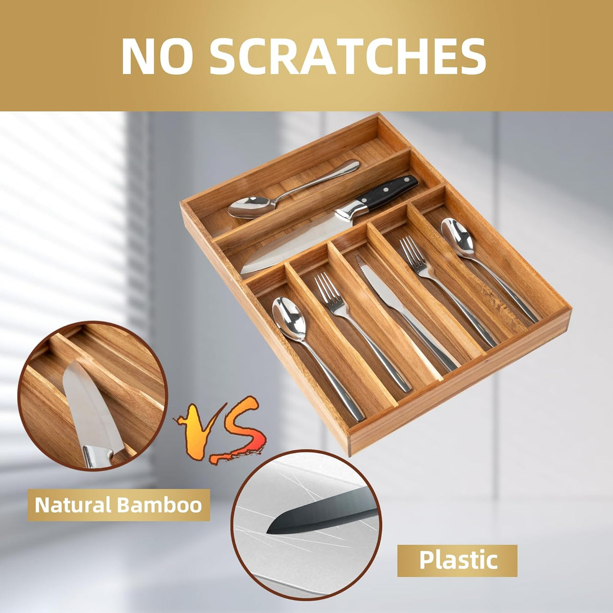 Silverware Organizer Kitchen Drawer Organizer Utensil Organizer Acacia Silverware Holder Cutlery Organizer in Drawer Flatware Organizer Tray(7 slots, Acacia