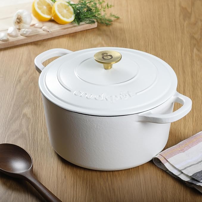 Crock-Pot Artisan 5-Quart Round Dutch Oven – Matte Linen White with Gold Knob, Enameled Cast Iron Cookware