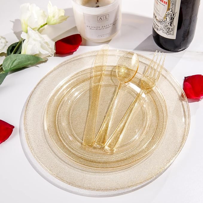 Supernal 300pcs Gold Glitter Plastic Cutlery Disposable Utensils Gold Plastic Silverware Sets Include 100 Forks, 100 Spoons & 100 Knives Serves for 100 Guests Suitable for Party,Thanksgiving