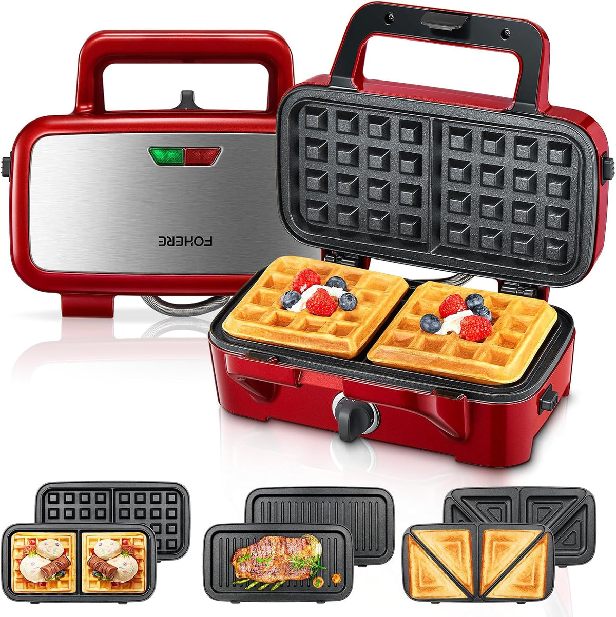 FOHERE Waffle Maker 3 in 1 Sandwich Maker 1200W Panini Press With Removable Plates and 5-gear Temperature Control, Non-stick Coating Easy to Clean,Indicator Lights, Red