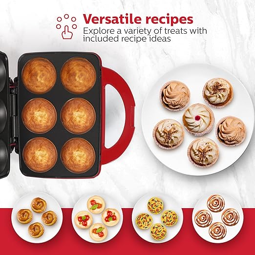 Holstein Housewares Non-Stick 6-Count Electric Cupcake Maker Machine – Bakes 6 Cupcakes, Muffins, Pizza Cups, Cinnamon Buns – Perfect for Gifts, Birthdays, Holidays, or Bake Sales, Red