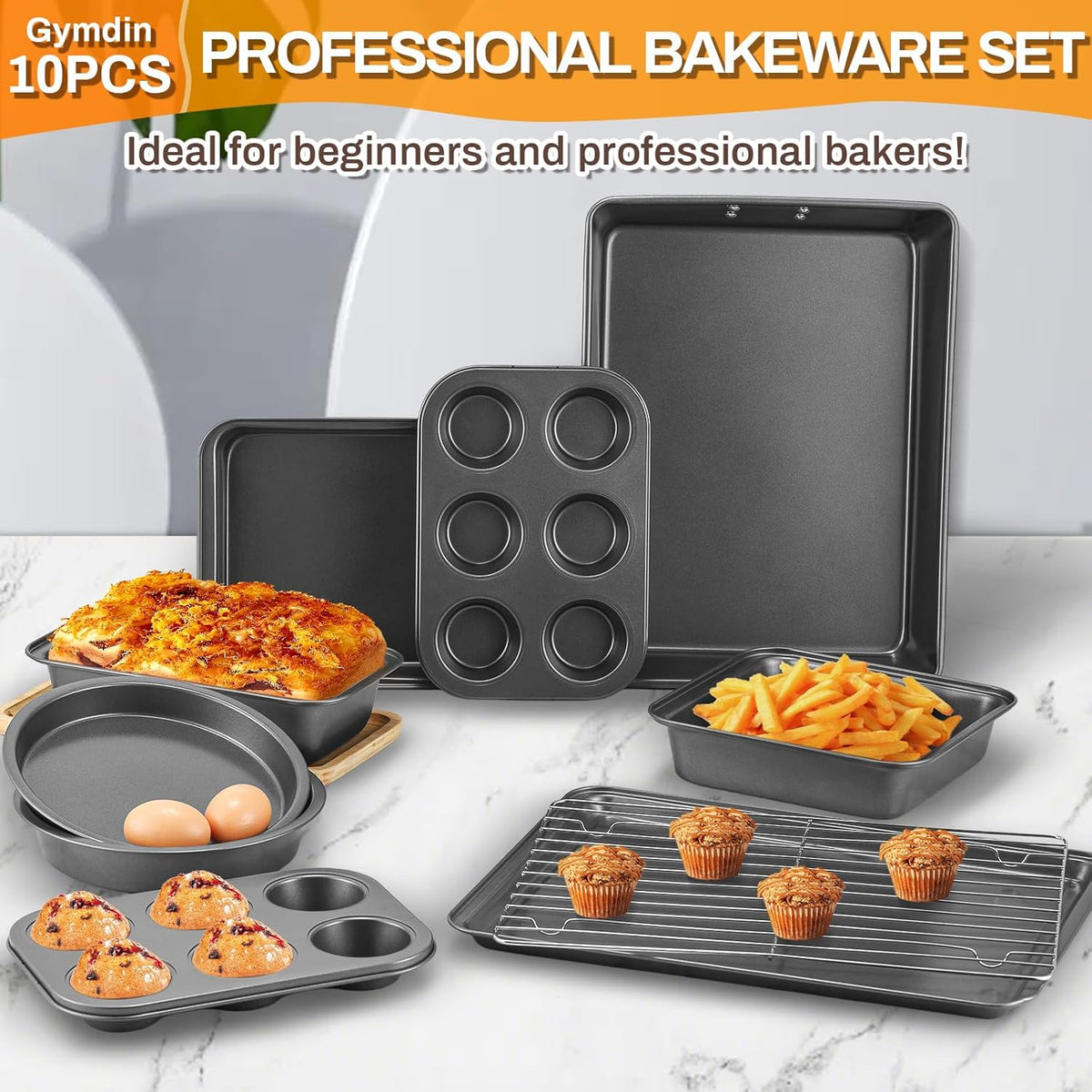 12PCS Nonstick Bakeware Set, Non-Toxic Carbon Steel Baking Pans Set with Wider Grip, Includes Roasting Pan, Cookie Sheet, Cake Pans, Muffin Pans, Cooling Rack, Oven Mitts, Easy Release