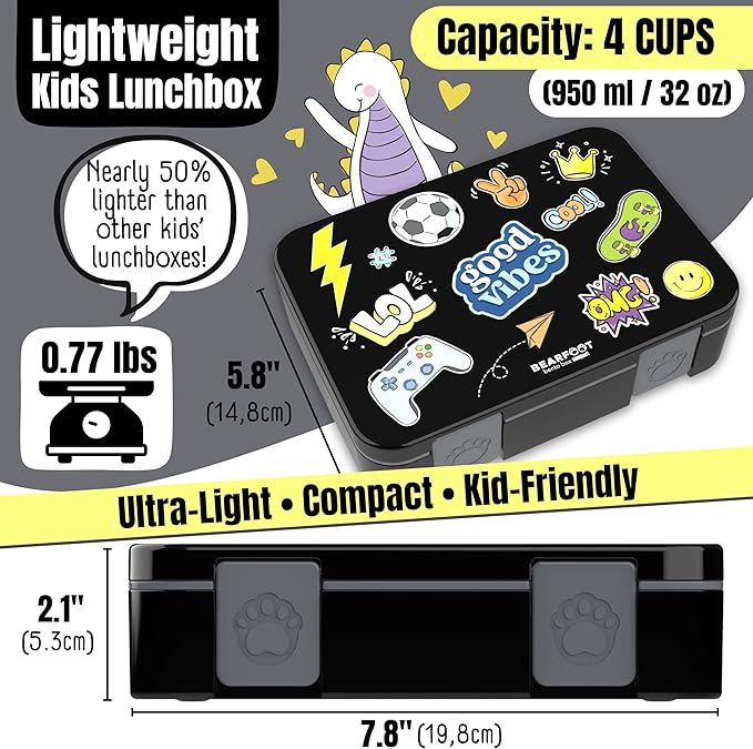 BEARFOOT Kids Lunch Box with Compartments – Compact & Lightweight | Leak-Proof, BPA-Free, Dishwasher & Microwave Safe | Hand-Drawn Design for Preschool, School, Travel (Sticker Black, 4 Cups)
