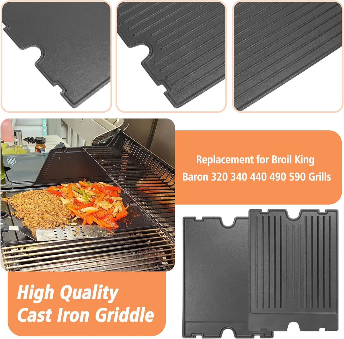 2-in-1 Reversible 17.48” x 12.48” Pre-Seasoned 11242 Cast Iron Griddle for Broil King Baron, Crown, Crown Pellet Series Grill, Flat Griddle Top Plate for Gas Stove/Charcoal/Electric/Propane/Gas Grill