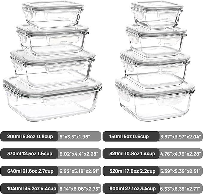 Vtopmart 8 Pack Glass Food Storage Containers with Airtight Lids, Glass Meal Prep Containers, Lunch Office Meal for Microwave, Oven, Freezer and Dishwasher, BPA Free