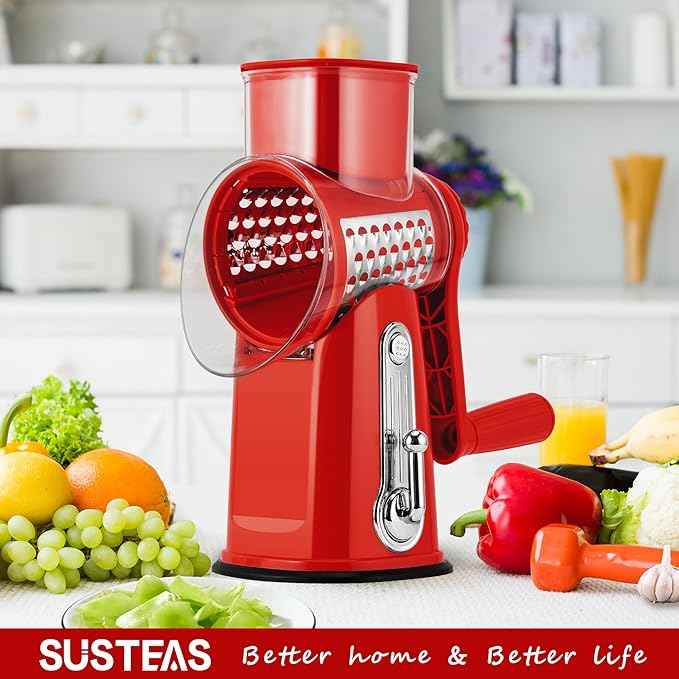 SUSTEAS Rotary Cheese Grater with Handle - Vegetable Shredder with 5 Well-designed Blades & Strong Suction Base,Round Mandoline Slicer & Food Chopper for Kitchen,with Blade Storage Box(Red)