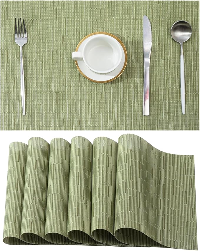 Leetaltree Pea Green Placemats Set of 6 - Heat Resistant Non-Slip Place mats for Dining Table, Washable Durable PVC Vinyl Woven Table Mats（Pea Green, 6）