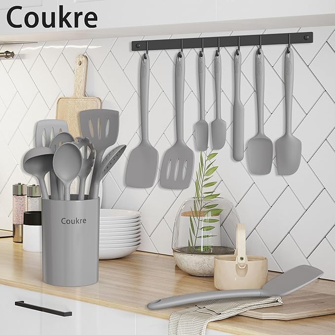 Coukre Silicone Kitchen Cooking Utensils Set with Holder – Heat-Resistant, Food-Grade Kitchen Tools, Spatula, Spoon & Gadgets for Non-Stick Pans, Dishwasher Safe (14, PureGray)