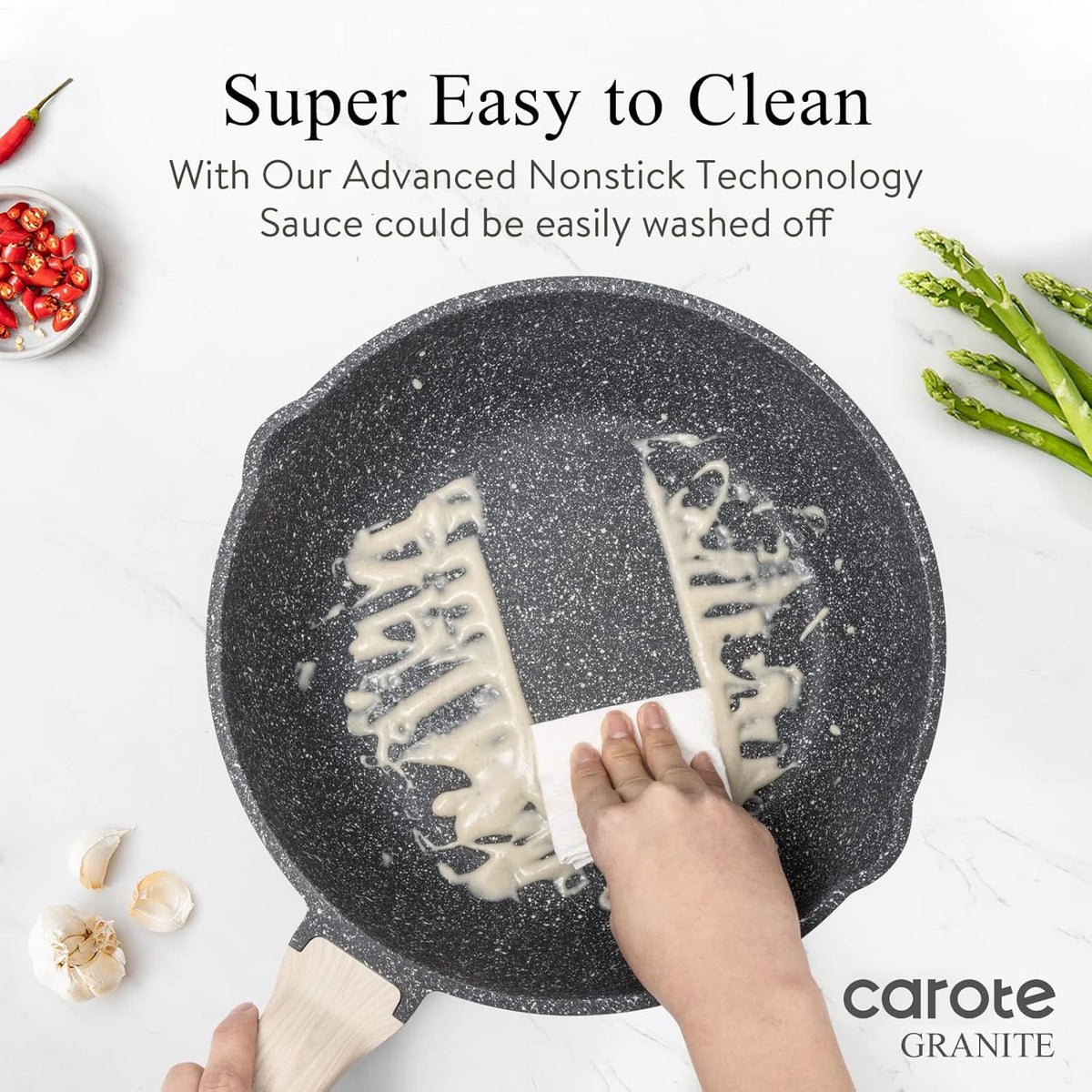 CAROTE 12Inch Nonstick Deep Frying Pan with Lid, 5.5 Qt Jumbo Cooker Saute Pan with Pour Spout, Skillet Induction Cookware, Non Stick Cooking Pan PFOA Free, Classic Granite