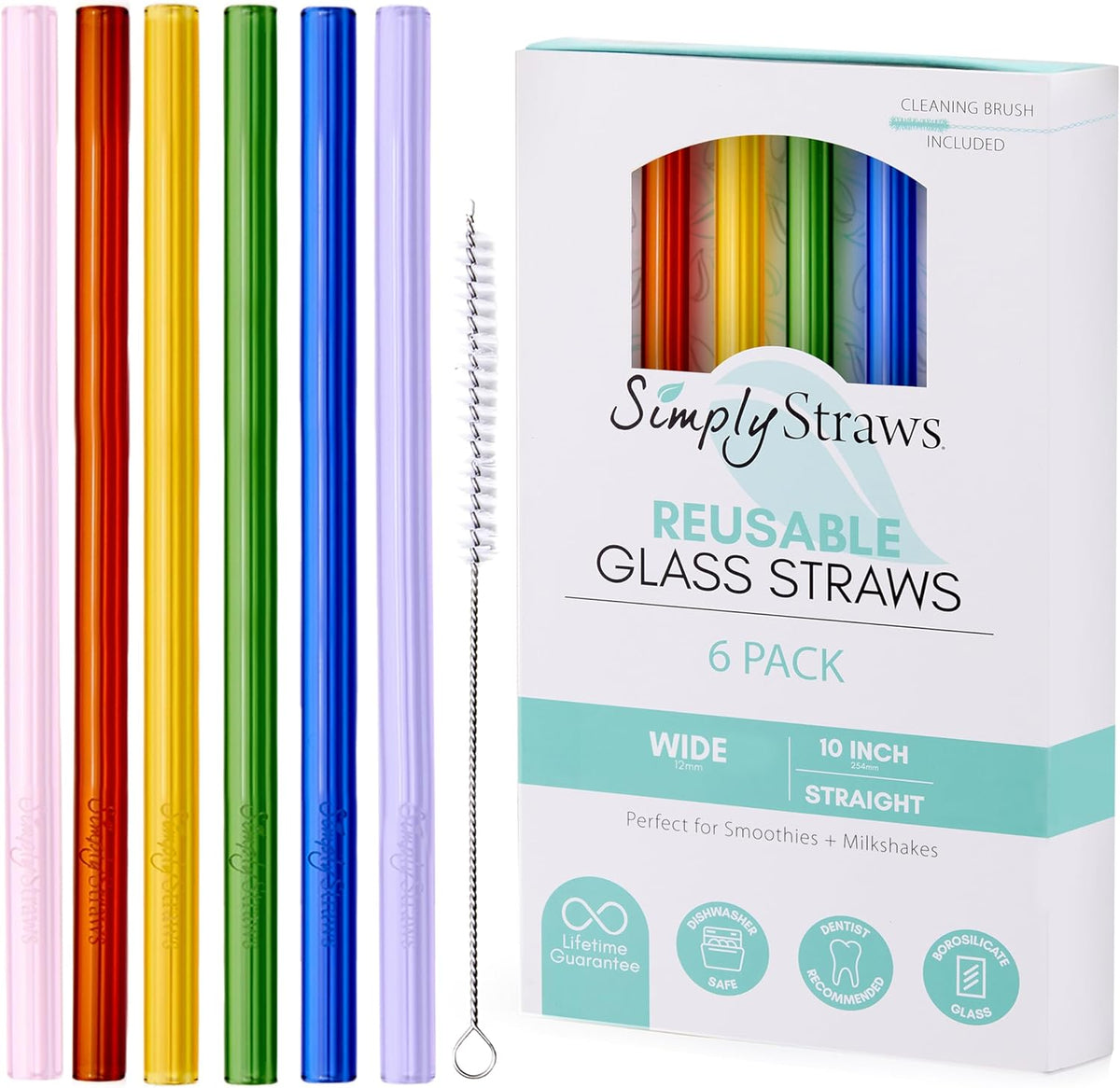 Simply Straws Wide Glass Straws (6-Pack) - 10in x 12mm Reusable Glass Smoothie Straws for Milkshakes, Juices & Slushies, with Cleaning Brush - Dishwasher Safe, Hot & Cold Use, BPA-Free (Iridium)