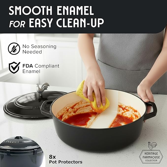 MUELLER HOME 5.5 Quart Enameled Cast Iron Oval Dutch Oven with Rooster Knob & Cotton Potholders, Heavy-Duty Cookware, Oven-Safe up to 500° F & Across All Cooktops, Gifts for Grandma & Women, Black