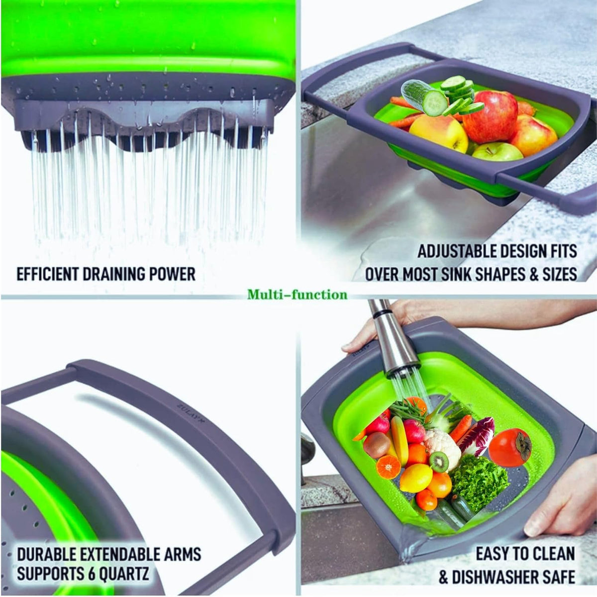 Collapsible Silicone Over-the-Sink Colander – 6-Quart Foldable Strainer with Extendable Handles & 3 Bonus Peelers, Perfect for Vegetables, Fruits, and Pasta (Green)