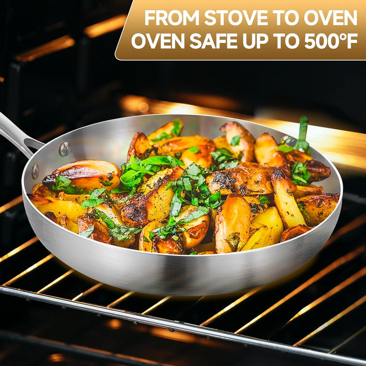 Inqibee Tri-Ply Stainless Steel Frying Pan Set of 3 with Lid,Skillets,Induction Cooking Pans Set,Riveted Handle,Eevn Heating and Oven Safe,8-9.5-11 Inch