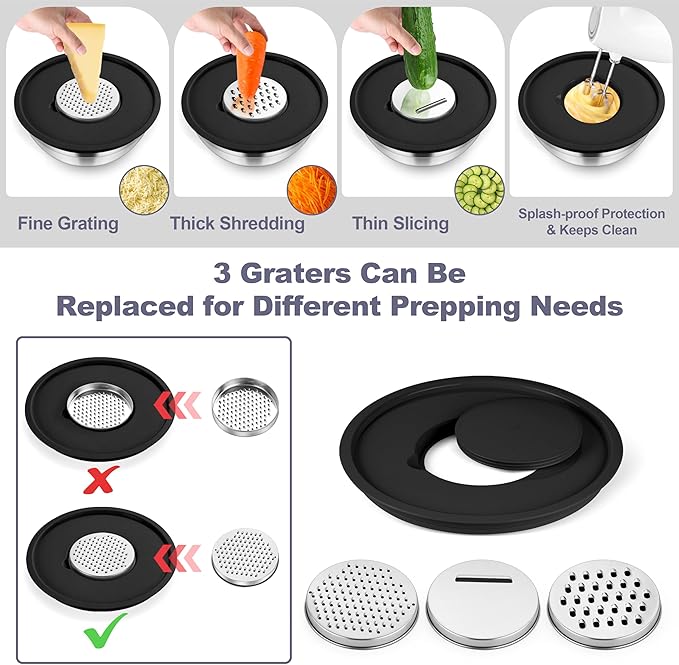 TeamFar Mixing Bowls, 6 PCS Stainless Steel Nesting Salad Bowl with Lids & 3 Graters, For Kitchen Cooking Serving Prepping, Airtight & Non-Slip, Size 4.6/3.5/2/1.5/1/0.7 QT, Black