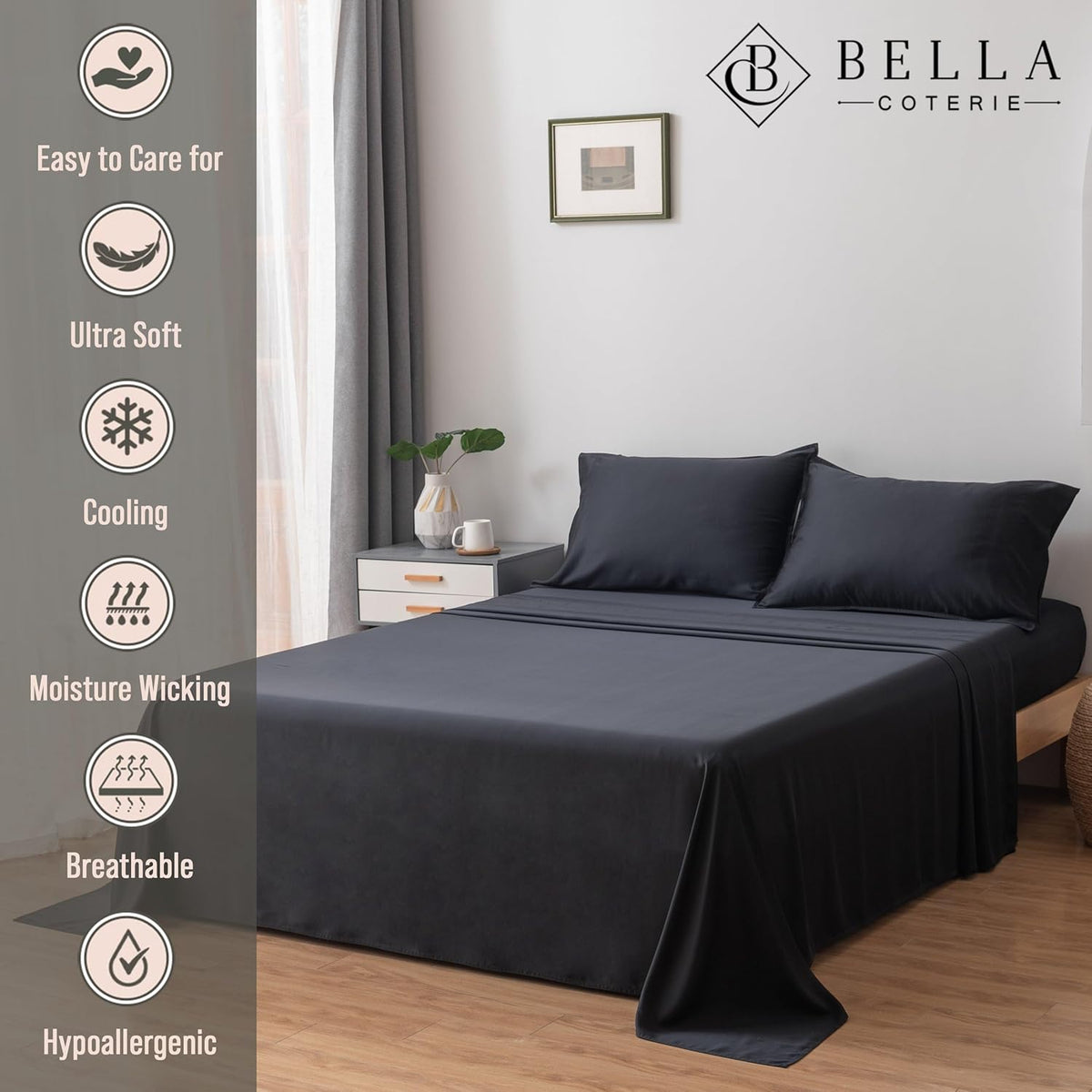 Bella Coterie Luxury Bamboo Viscose Cal King Size Sheet Set | 100% Organically Grown | Ultra Soft | Cooling for Hot Sleepers | 18" Deep Pocket [Black]