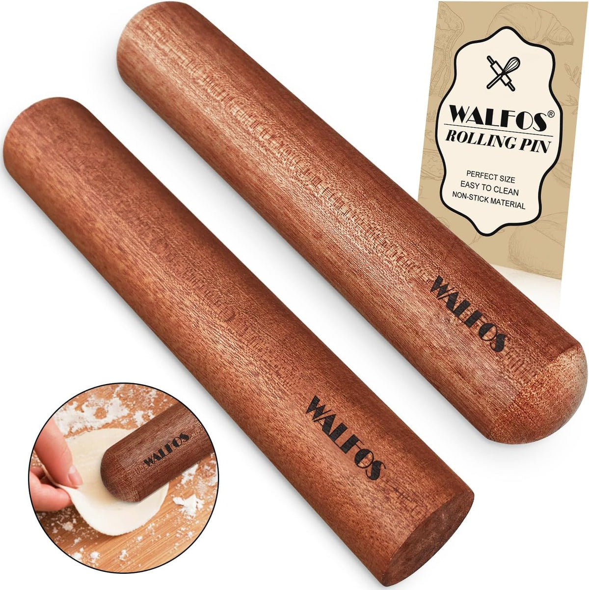 Walfos Mini Rolling Pin Set - Small Natural Wooden Rolling Pins, Baking Dough Roller for Pizza, Pie, Pasta, Bread, Pastry, No Coating (8inch)