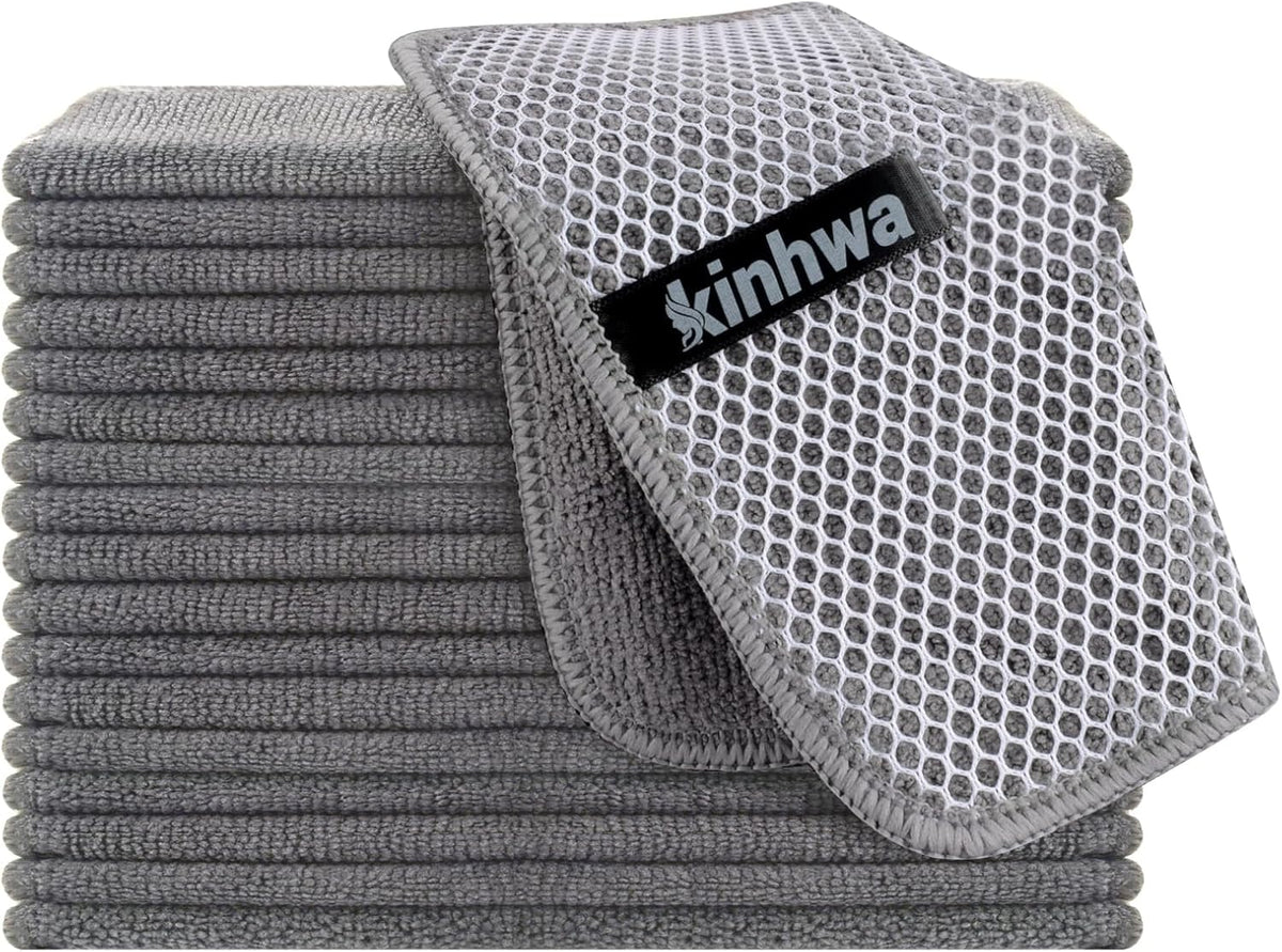 KinHwa Kitchen Washcloths for Dishes Absorbent Microfiber Dish Cloths Quick Dry Dish Rags with Poly Scour Scrub Side Ideal for Kitchen Cleaning (Gray, 7inchx7inch 18 Pack)