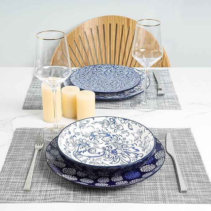 Selamica Dinnerware Sets 16 Piece, Ceramic Plates and Bowls Set, Embossed Dishes Set for 4, Housewarming, Dark Blue