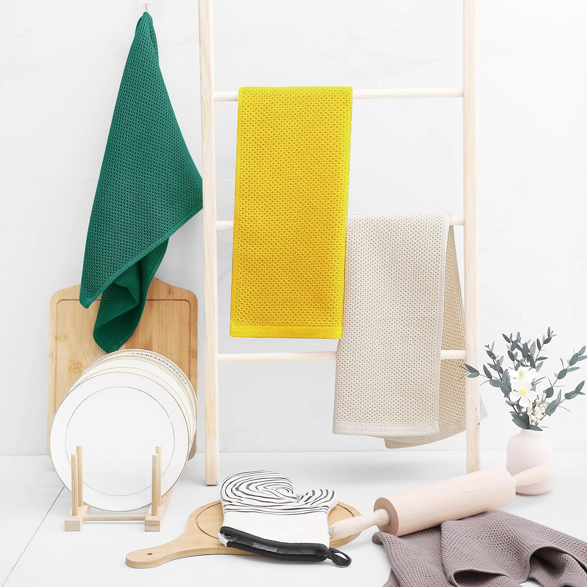 Homaxy 100% Cotton Waffle Weave Kitchen Dish Towels, Ultra Soft Absorbent Quick Drying Cleaning Towel, 13 x 28 Inches, 8-Pack, Dark Green