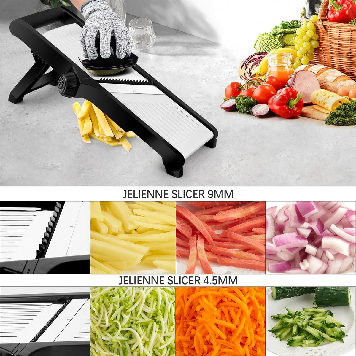 Mandoline Slicer, Adjustable Mandoline Slicer for Kitchen, Stainless Steel Mandolin Vegetable Chopper for Potato, Julienne Cutter with Cut-Resistant Gloves, Black