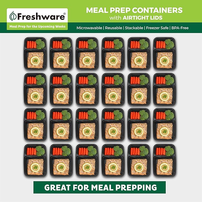 Freshware Meal Prep Containers [15 Pack] 2 Compartment with Lids, Food Storage Containers, Bento Box, BPA Free, Stackable, Microwave/Dishwasher/Freezer Safe (28 oz), Black
