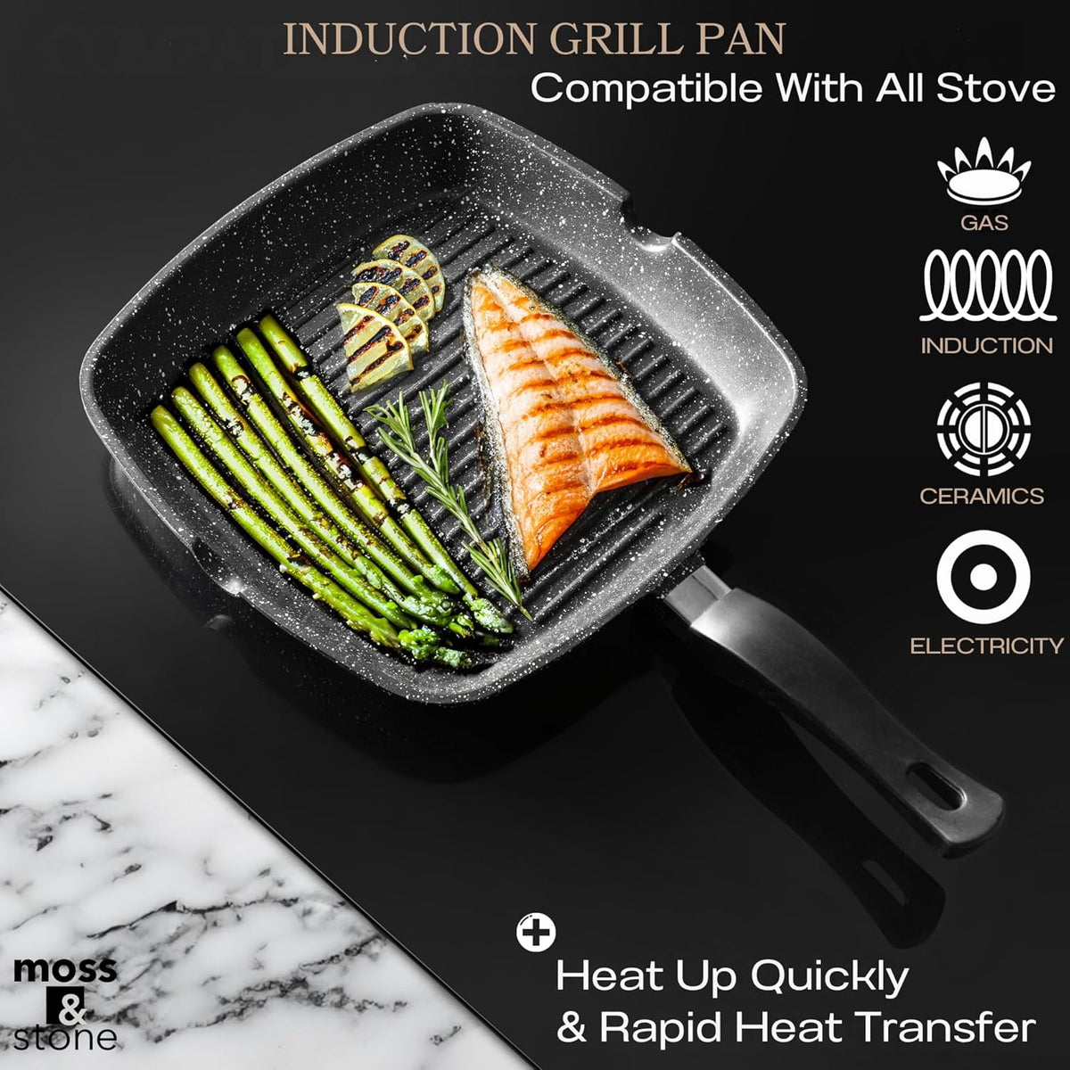 Moss & Stone Aluminum Nonstick Grill Pan for Stove Tops, Versatile Griddle Skillet with Pour Spouts, 11 Inch Square Grill Pan Big Cooking Surface, Durable Skillet For Indoor Cooking & Outdoor Grilling